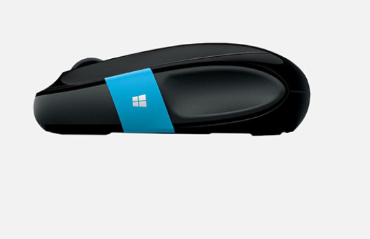 Side view of the Sculpt Comfort Mouse featuring black and blue colors ad contoured thumb holder. 