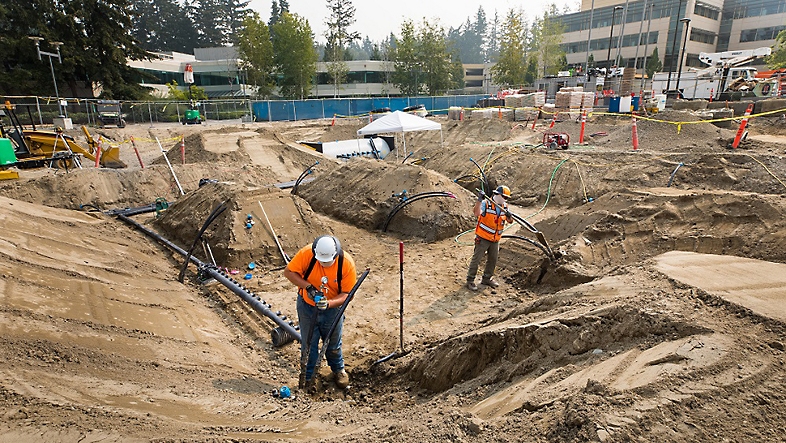 Geoexchange construction systems on site at the Microsoft campus 