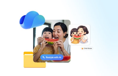 Microsoft Copilot logo above a photo collage and an AI-powered image editing prompt labeled “Restyle with AI.”