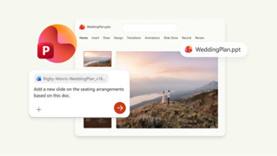 A screenshot showing a social media chat and a logo with the letter P alongside text about a wedding plan.
