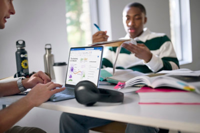 Student using a laptop and digital notes for study.