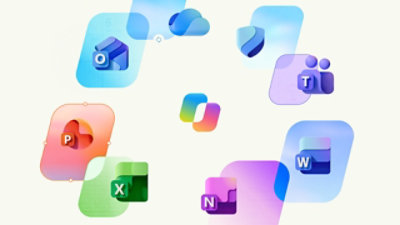 Ícones dos aplicativos do Microsoft 365, incluindo PowerPoint, Word, Excel, Outlook, Teams, OneNote, OneDrive, Copilot e Designer, exibidos como ilustrações 3D coloridas em um fundo claro.
