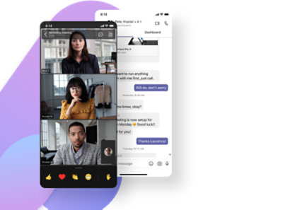 Ein Mobilgerät-Display mit einem Teams-Videoanruf, an dem vier Personen teilnehmen und dabei chatten