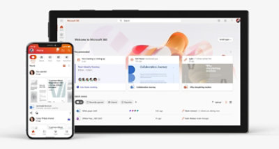 A mobile device and a table device showing the Microsoft 365 home screen.