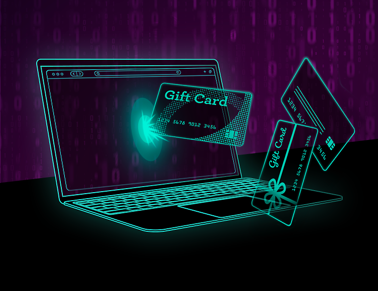 A laptop with gift cards and credit cards flying out of it