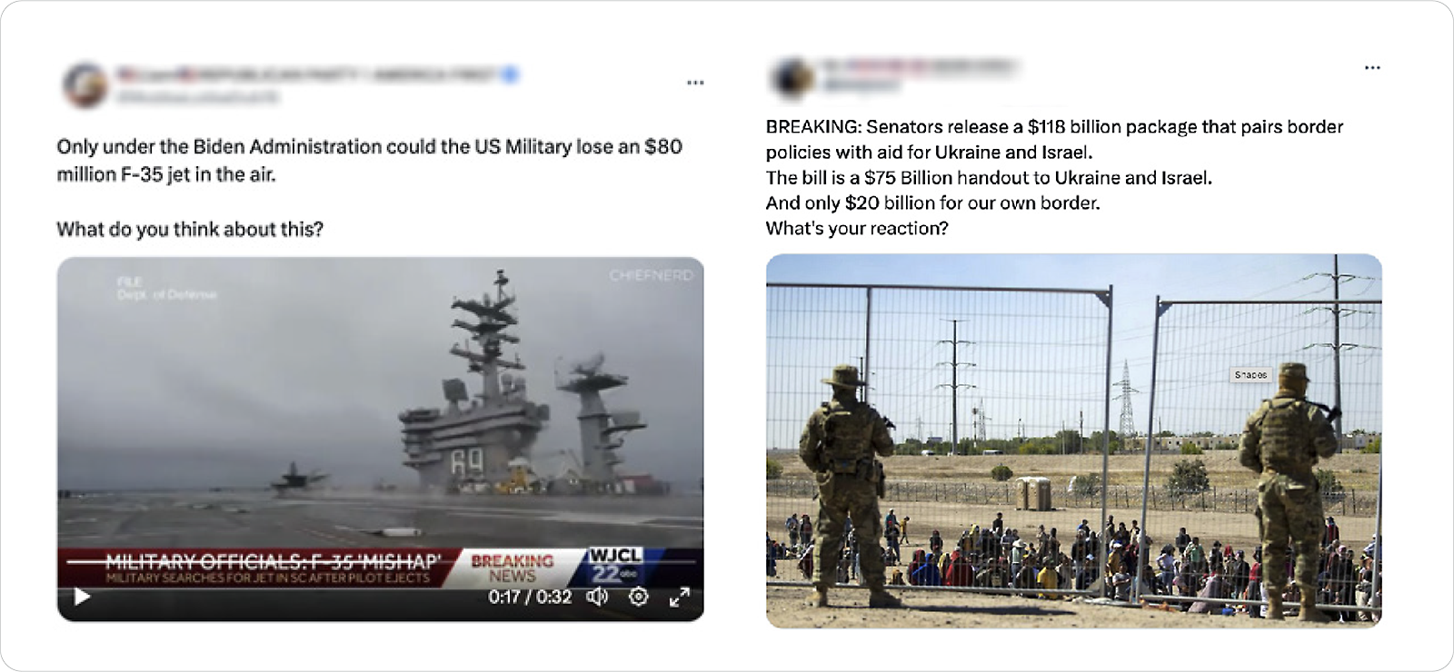 Split-screen image comparison: on left a military jet taking off from an aircraft carrier and on right a group of people sitting behind a barrier