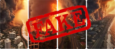 A composite image with a "fake" stamp over scenes of dramatic fires.