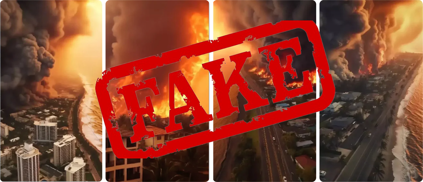 A composite image with a "fake" stamp over scenes of dramatic fires.