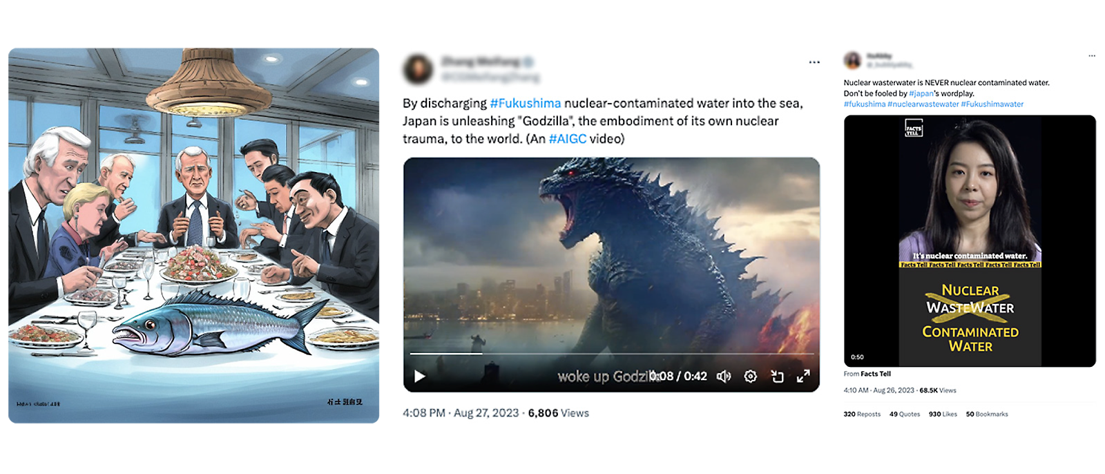 A composite image featuring a satirical illustration of people a screenshot of a video depicting godzilla, and a social media post