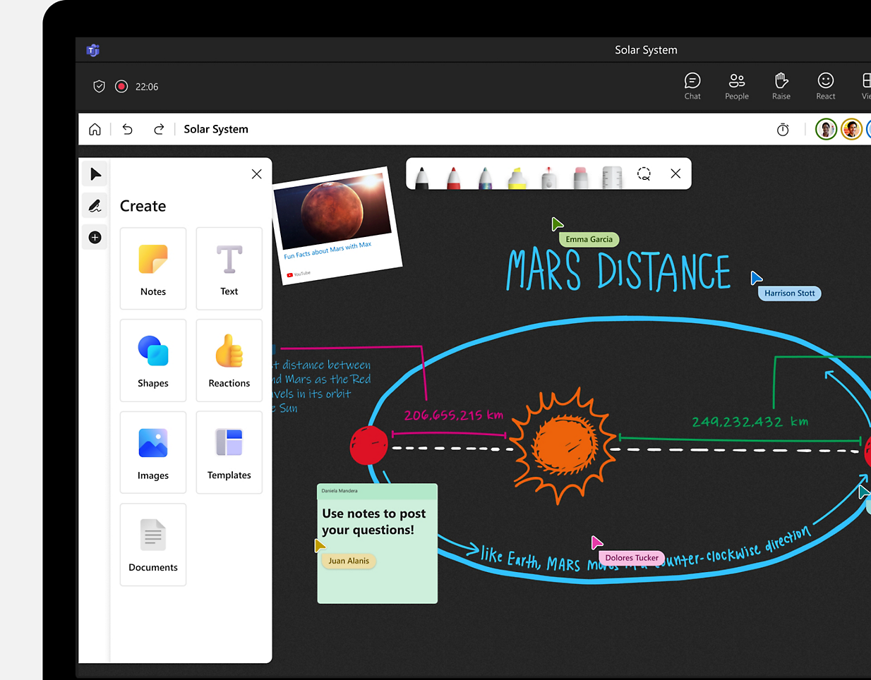 A Whiteboard session using inking and sticky notes with multiple participants learning about the solar system in a video call.
