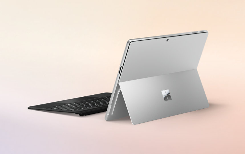 A back view shows a Surface Pro Flex Keyboard with pen storage working detached from a Surface Pro.