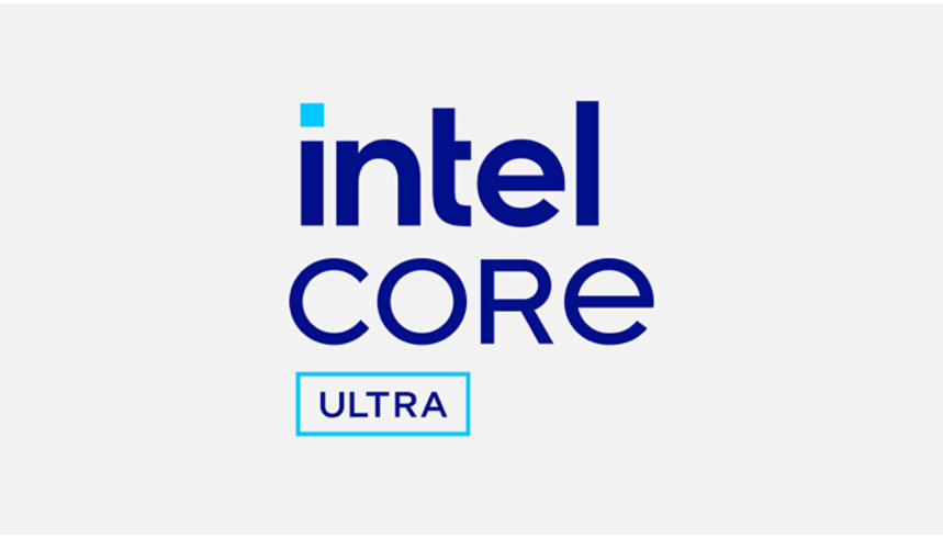 Intel Core Ultra logo on a white tile.