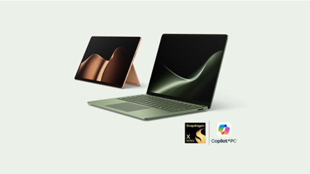 The latest edition Surface PCs—a Surface Laptop in the color Jade and a Surface Pro in the color Dune. 