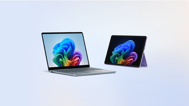 Surface Copilot+ PCs: an Ocean Surface Laptop, 13.8 inch, and a Violet Surface Pro, 12 inch.