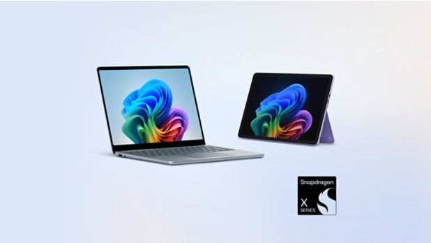Image of an ocean Surface Laptop with a violet Surface Pro in kickstand mode and a badge for Snapdragon X in the corner.