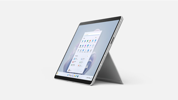 A Surface Pro 9 propped up using its kickstand.