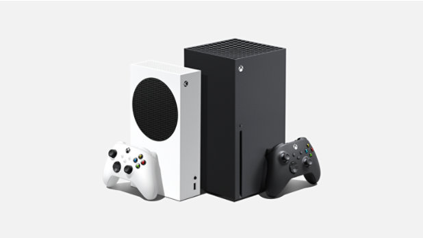 Xbox Series S in White and Xbox Series X in black.