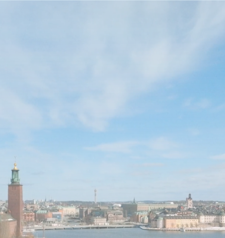 A panoramic view of stockholm cityscape featuring the city hall tower and scattered spires under a clear sky.