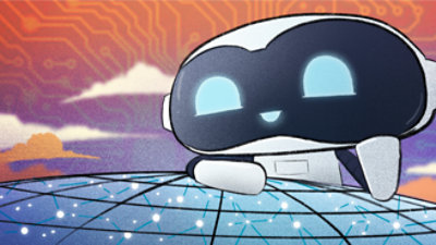 Um personagem ilustrado usando óculos de realidade virtual imerso em um ambiente digital