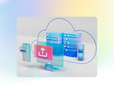 Illustration of cloud computing with a desktop monitor, smartphone, and server stacks connected by a cloud outline, symbolizing data upload and synchronization.