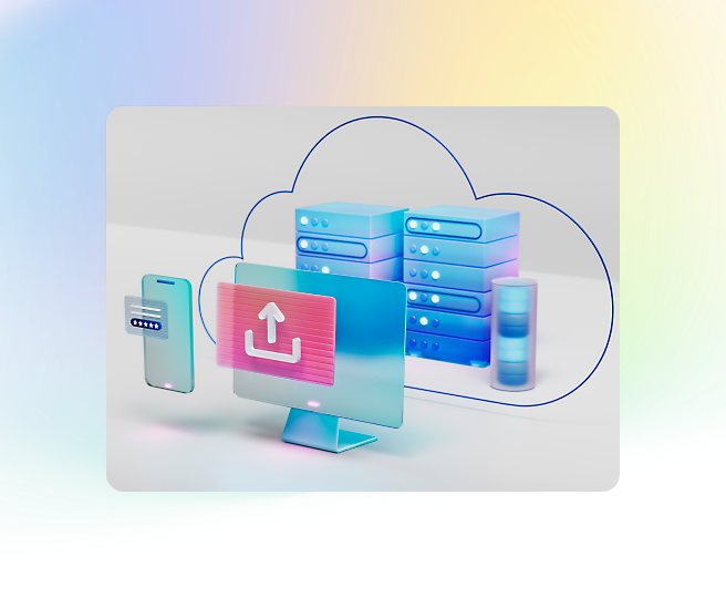 Illustration of cloud computing with a desktop monitor, smartphone, and server stacks connected by a cloud outline, symbolizing data upload and synchronization.