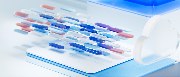 Compresse assortite disposte su un contenitore di compresse di laboratorio con un'estetica caratterizzata da una colorazione blu