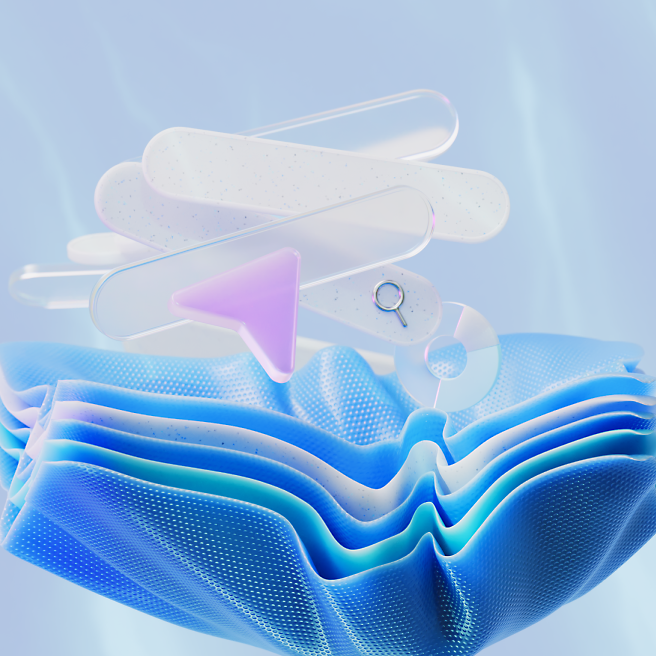 Una ilustración digital abstracta con formas geométricas en 3D flotando sobre una textura azul ondulada.