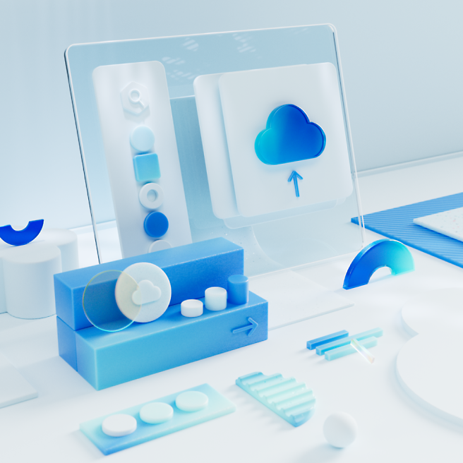 Desktop da ufficio blu stilizzato e monocromatico con accessori moderni e astratti, nonché elementi di cancelleria.