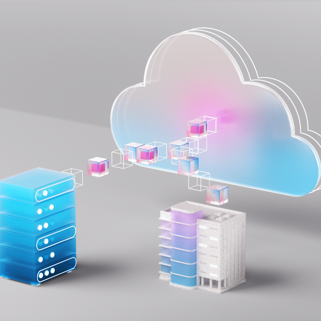 Illustration of cloud computing concept with data transfer between servers and a cloud