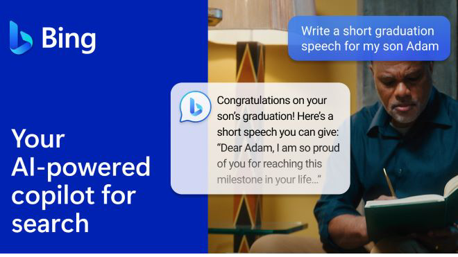 Image with text that reads Bing your AI-powered copilot for search and write a short graduation speech for my son Adam, showing a man standing while writing in a journal.