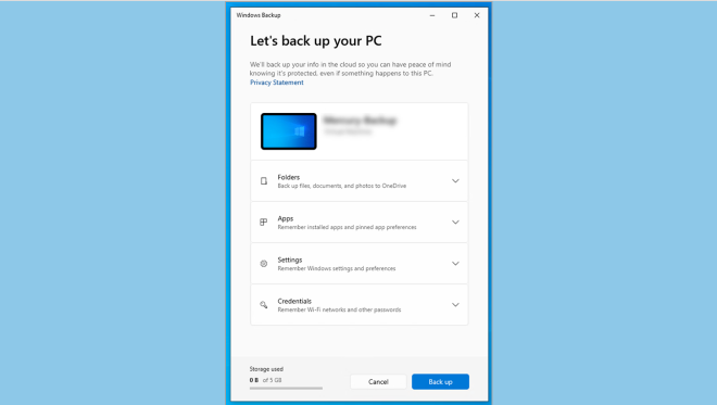 Windows Backup experience shown on a light blue background.