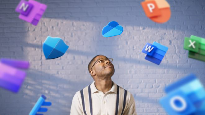 Young student looking upward with Microsoft 365 logos overhead.