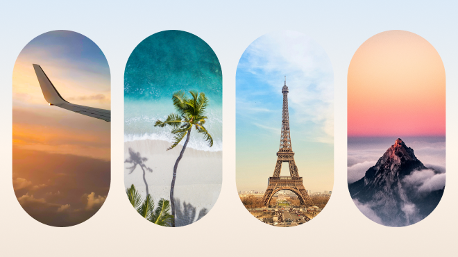 Vier Fotos eines Flugzeugs im Flug, eines Strandes, des Eiffelturms und des Matterhorns.