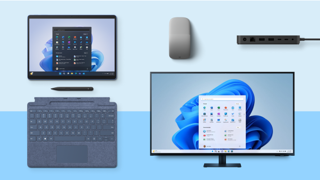 Surface Pro 9, 4k monitor, Surface Thunderbolt™ 4 Dock, Surface Slim Pen 2 and Arc Mouse on a blue background.