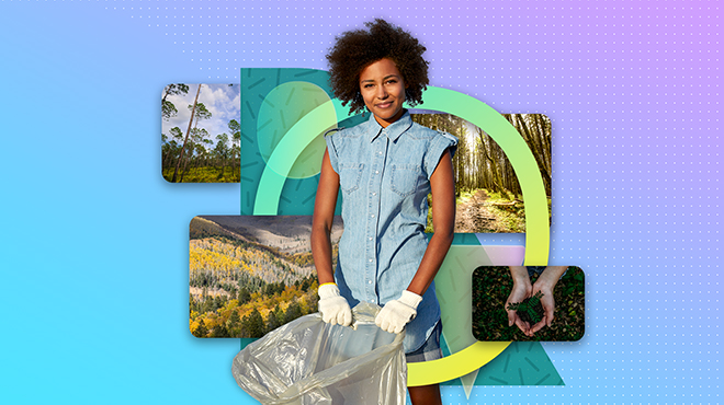 Woman holding white trash bag with several plant images in the background.