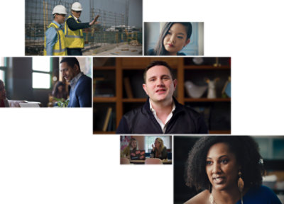 A mosaic of six stacked photos of people in different environments including an outdoor construction site, an office, a classroom, and a home.