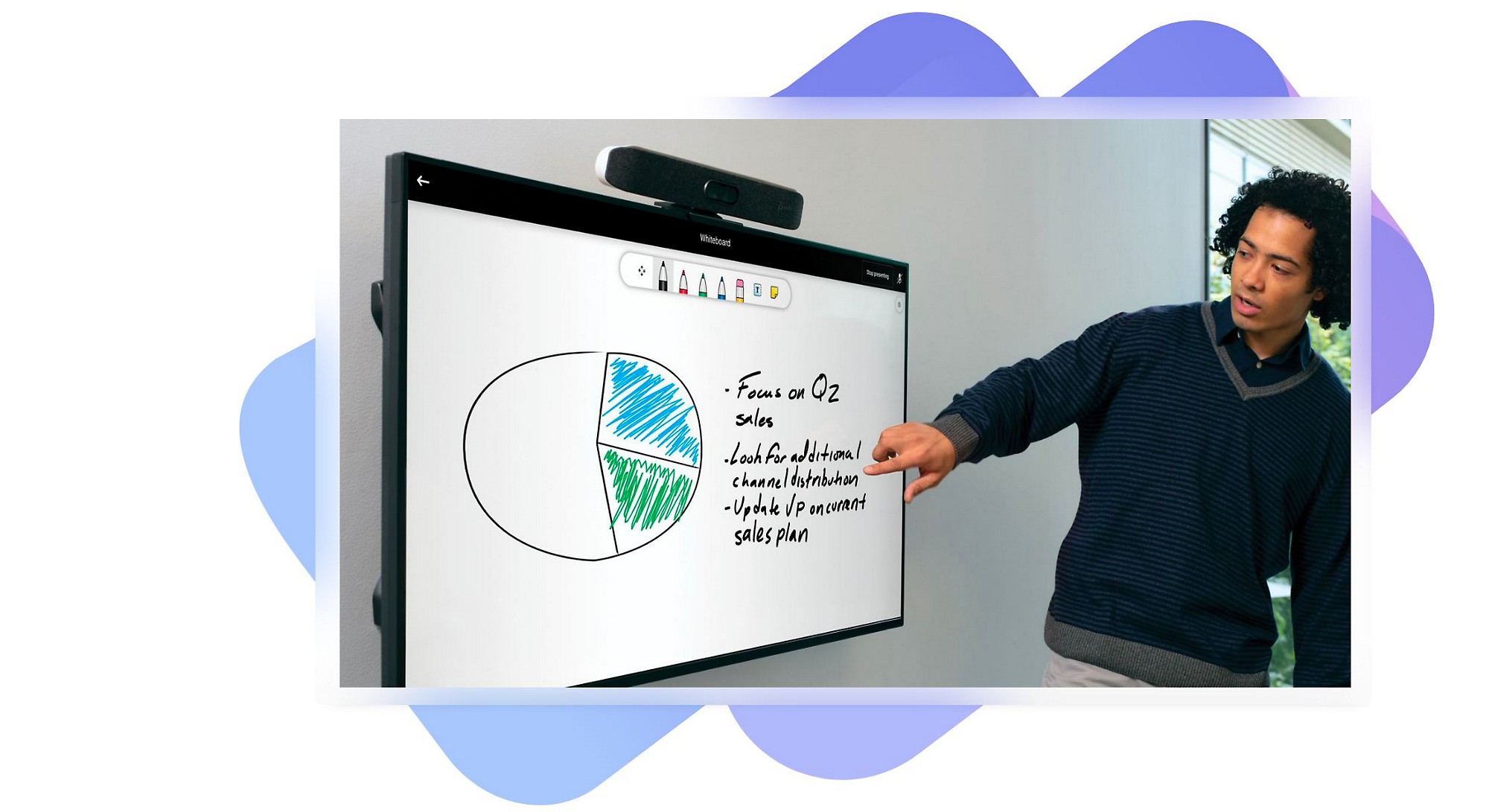 Човек, който използва Whiteboard за представяне на бележки от събрание на голямо устройство със сензорен екран.