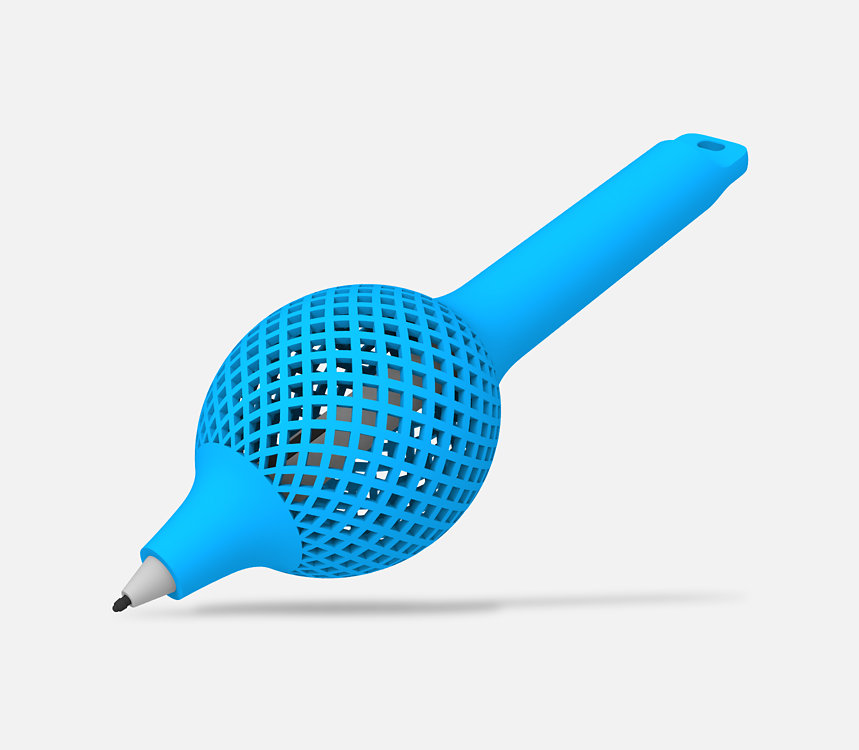 Nærbillede af et pæreformet 3D-udskrevet pennegreb.