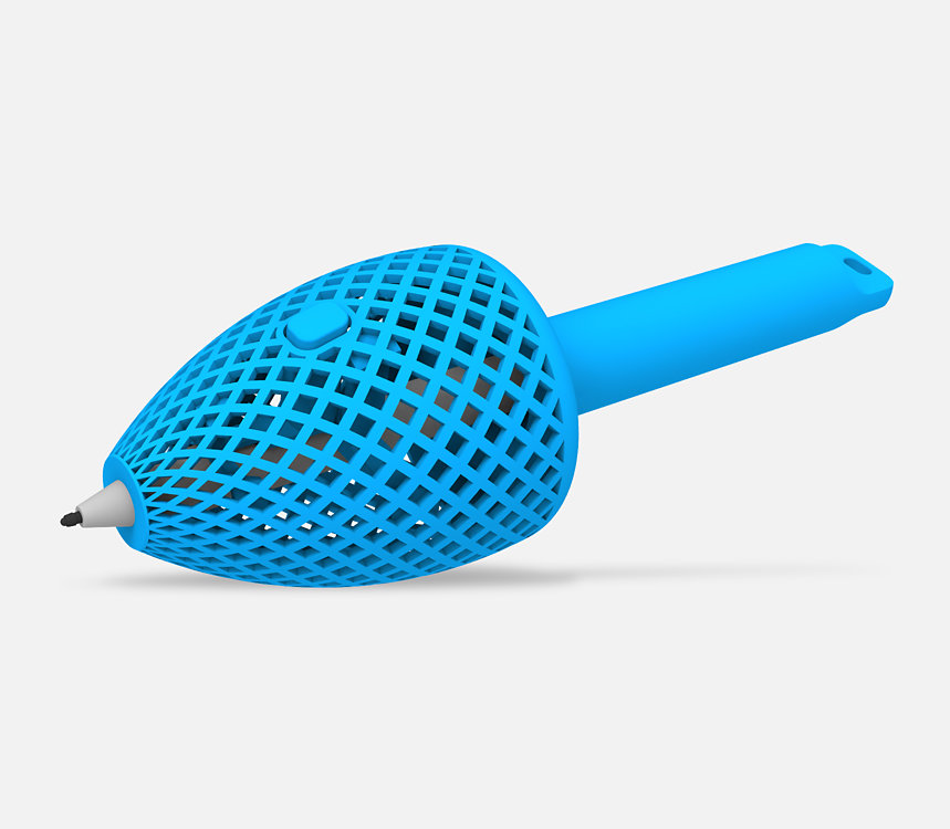 Close-up van een 3D-geprinte pengreep met een ruitvormig greepontwerp.