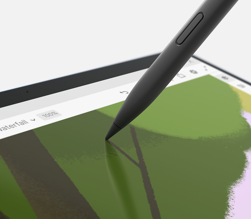 Een Surface Slim Pen voor zakelijk gebruik tekent op het touchscreen van een Surface-apparaat.