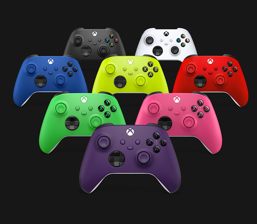Xbox trådlös handkontroll i olika färger. 