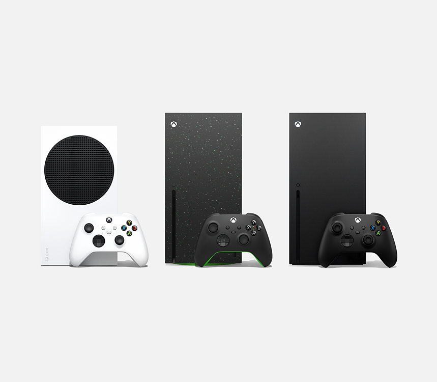An Xbox Series S in Robot White, an Xbox Series X 2 terabyte Galaxy edition, and an Xbox Series X in Carbon Black.