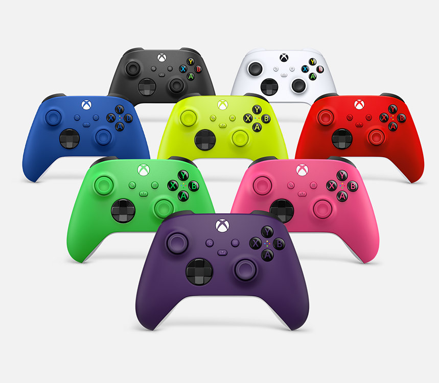 Xbox trådlös handkontroll i olika färger. 