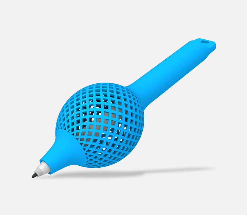 Een in 3D geprinte pengreep op een Microsoft Pen voor zakelijk gebruik.