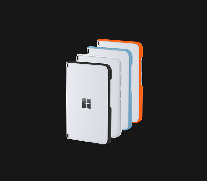4 Surface Duo 2 devices with bumper protective accessories in different colors.