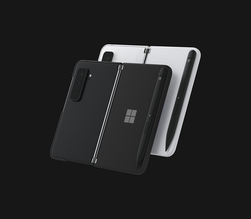 ブラックとホワイトの開いた状態の Surface Duo 2 ペン カバー。