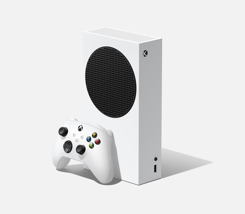 A white Xbox Series S with a wireless controller.