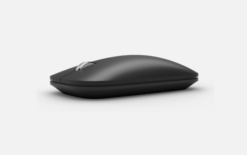 Den smala sidan på en Microsoft Modern Mobile Mouse i svart.