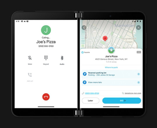 Surface Duo 2 ouvert affichant l’application Waze sur les deux écrans