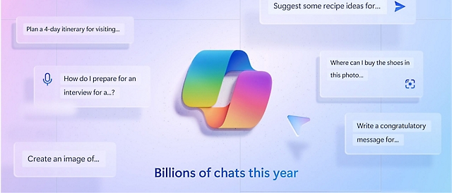 Copilot 標誌顯示「今年傳送數十億個聊天」(Billions of chats this year) 文字
